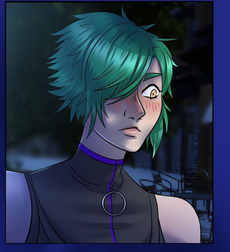 A portrait of Hana blushing and looking away with embarassment