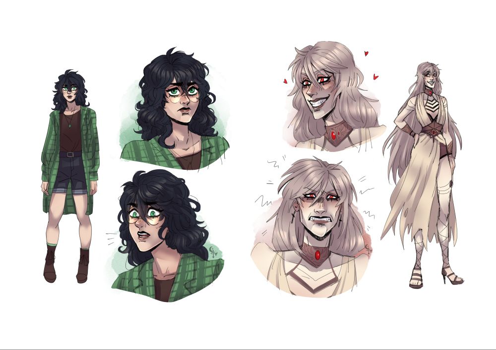 Concept art of Jade and Cornaline. Outfit and expressions tests.