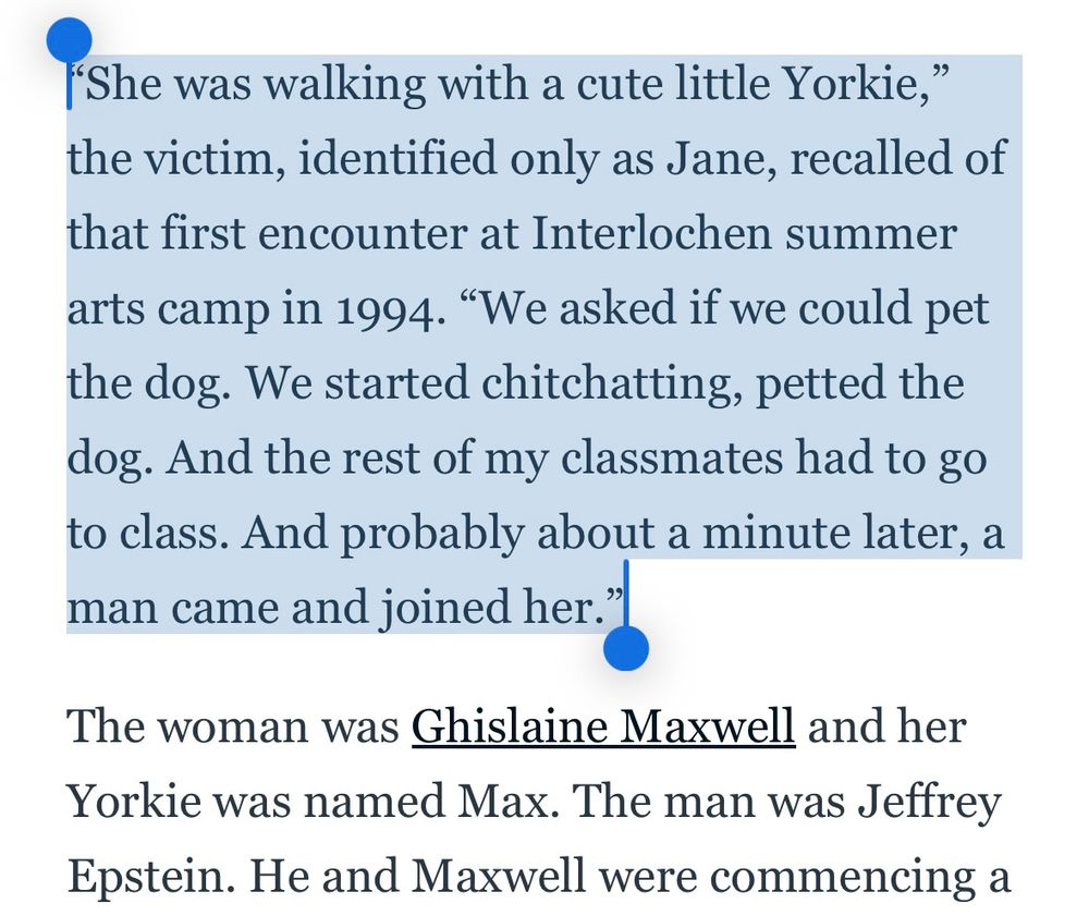 Screenshot of the linked Daily Beast story that shows Epstein met a girl at Interlochen arts camp