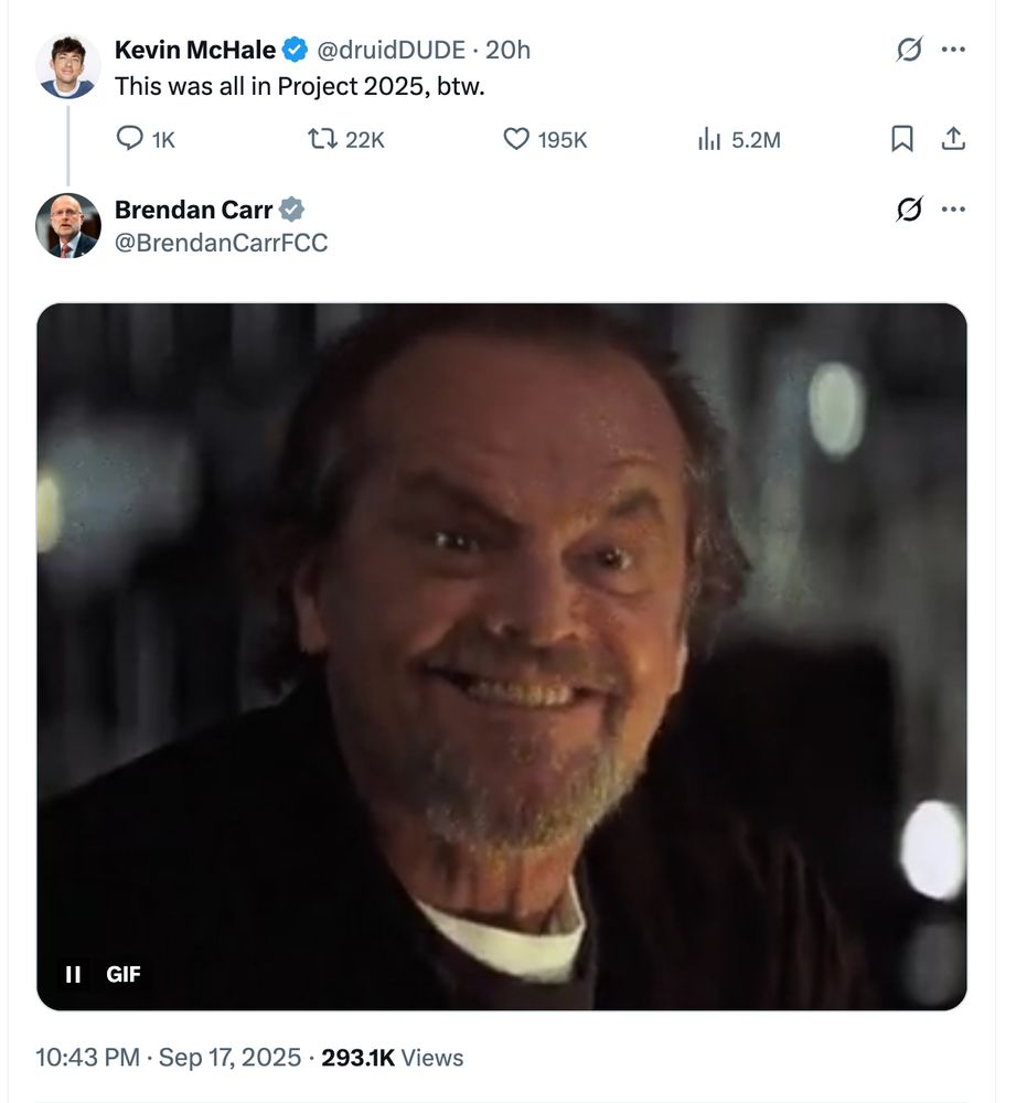 Brendan Carr confirming that the FCC is carrying out Project 2025 stuff via a gif on Twitter