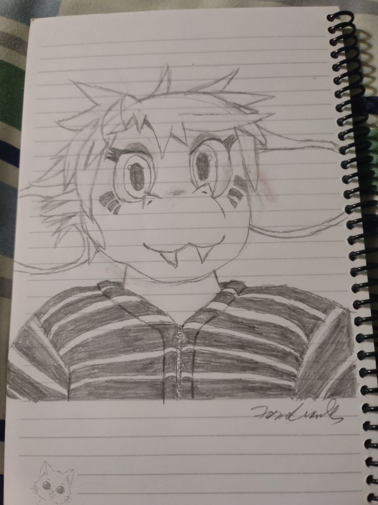 Picture drawn with pencil on a lined notebook sheet, showing a smiling dragoness in a striped hoodie.