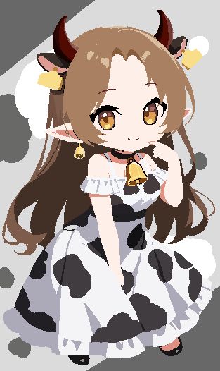 girl with a cow print dress looking innocently into the cam. 