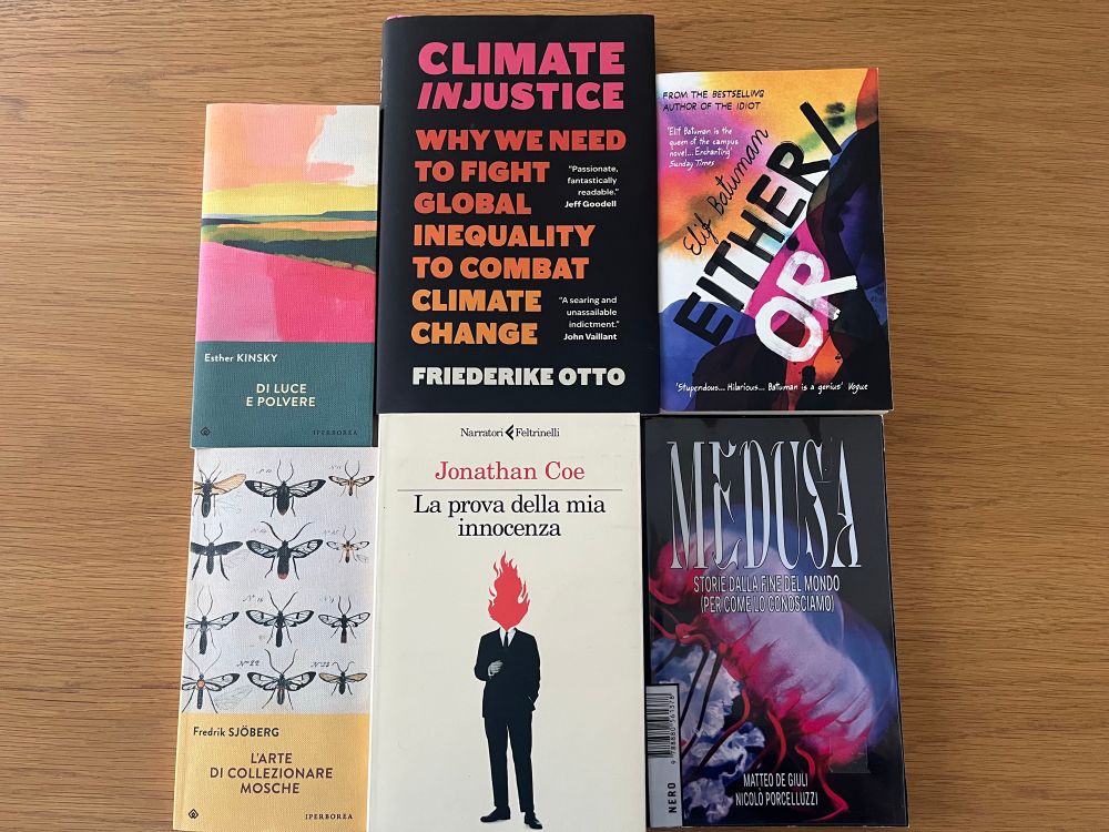 A photo of six books arranged in two rows of three on a wooden surface.
1. L’arte di collezionare mosche by Fredrik Sjöberg; Di luce e Polvere by Esther Kinsky; Climate injustice by Friederike Otto; La prova dell’innocenza by Jonathan Coe; Medusa: Storie dalla fine del mondo; Either/Or by Elif Batuman 