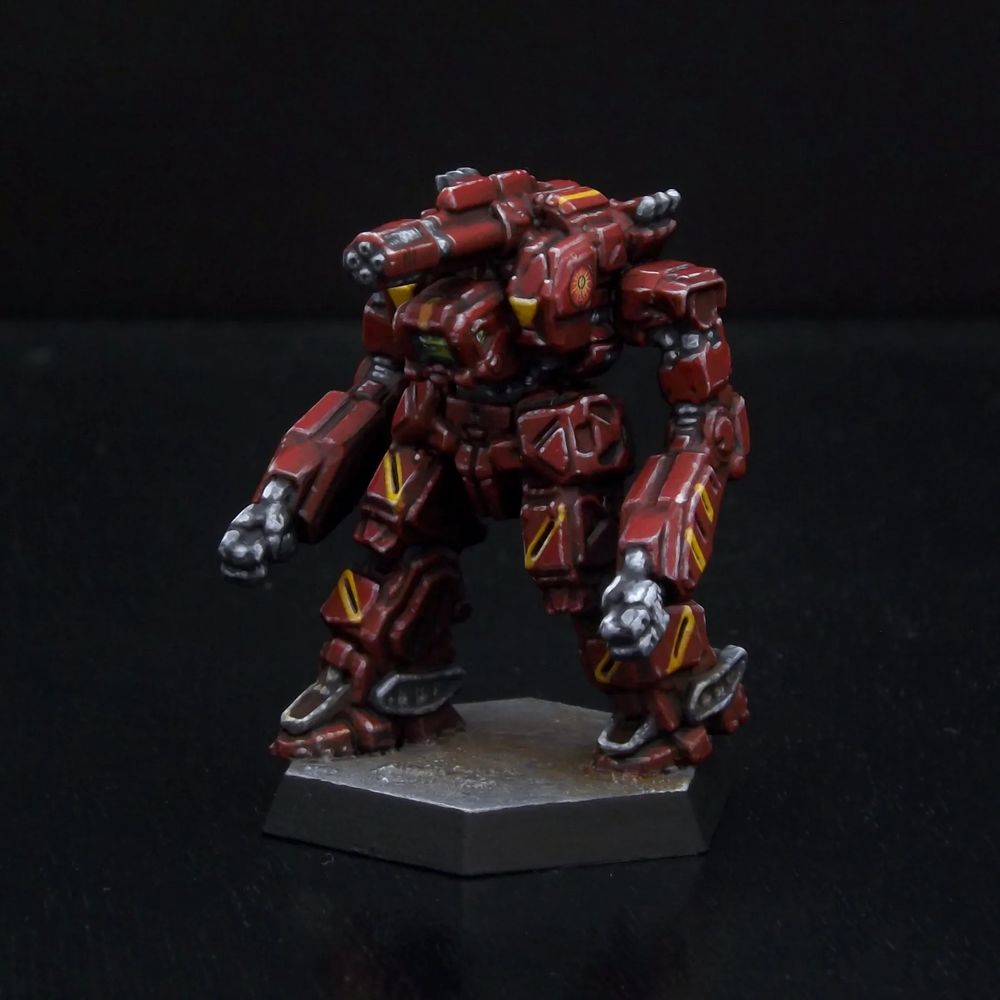 A painted miniature of a Legionnaire 'Mech.  It is dark red with yellow stripe highlights.  The sunburst emblem of the Federated Suns is on the left torso.
