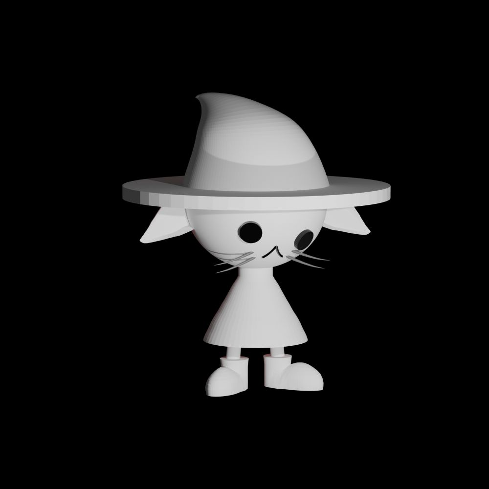 a 3d model of a cat creature wearing a cloak, a witch type hat, and boots, their eyes are lopsided