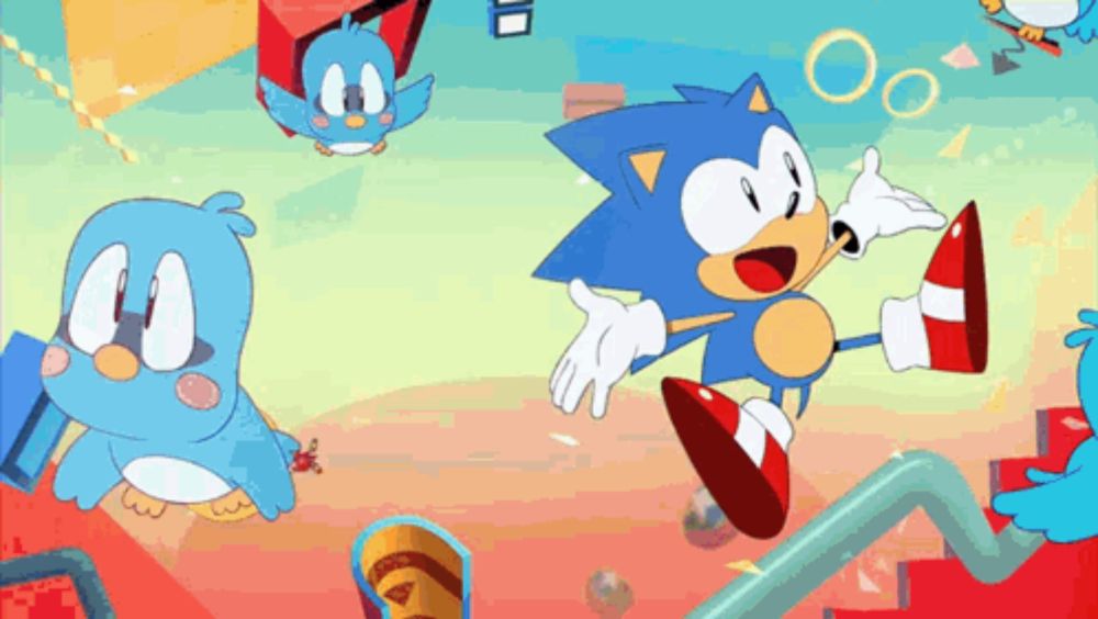 a cartoon drawing of sonic the hedgehog surrounded by birds