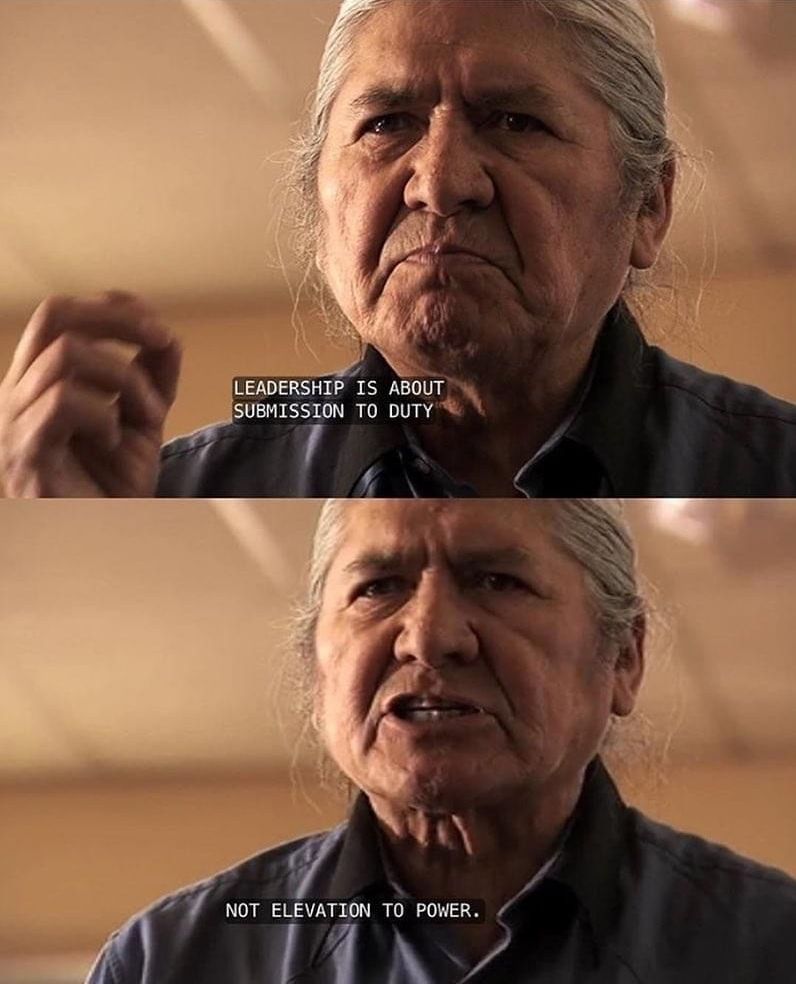 Image description: Two stills of Gordon Tootoosis' upper body, dressed in a dark shirt and gesturing with a hand, captioned, “Leadership is about submission to duty, not elevation to power.” 

Gordon Tootoosis is an Aboriginal Canadian actor, activist, and band chief of Cree and Iyarhe Nakoda/Stoney descent (playing Cecil Delaronde in Canadian TV series, Blackstone).