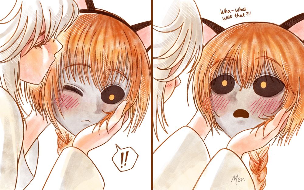 A chopped ginger head wearing cat ears getting kissed