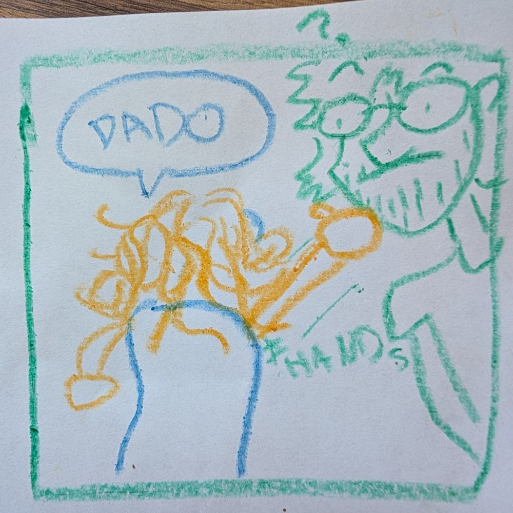 A comic panel of a toddler with wild hair thrusting her hand toward her dad, who looks confused. She just says "Dado"