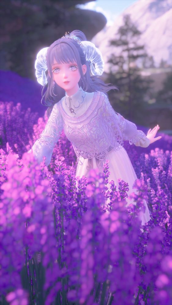 A screenshot from the game Infinity Nikki. Nikki has purple hair, sheep's horns, and an outfit that highlights different shades of purple, with a down-to-Earth feel that reflects the vibe of the Stoneville location in the game. She is posed in a field of purple lavenfringe flowers. 