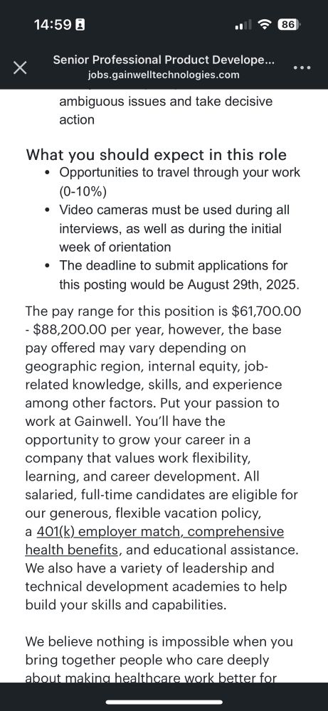 A job posting at Gainwell for a Senior Professional Product Developer offering a low salary of 61,000-88,000 a year.