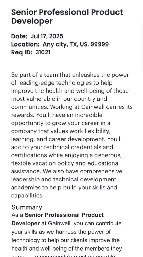 A job posting at Gainwell for a Senior Professional Product Developer offering a low salary of 60,000-80,000 a year.