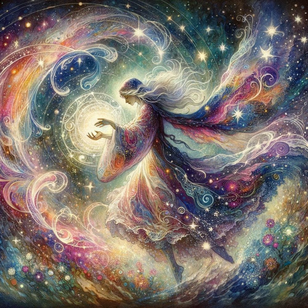 An ethereal sorceress weaving a spell of starlight, surrounded by a swirling vortex of abstract expressionist colors. Her cloak is patterned with celestial constellations, and luminescent wildflowers bloom at her feet. The style combines watercolor and ink with the dynamic energy of abstract expressionism, evoking the magical realism of Remedios Varo.

DALL-E 