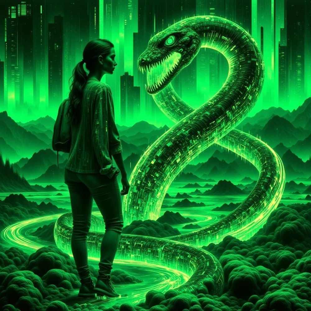 <lora:GlitchFoilFlux:1.0> <lora:Abstract Reality:1.0>  A woman in a futuristic, neon-lit, green landscape, wearing comfortable pants and a wide sweatshirt with her hair in a loose ponytail, wrangling a massive anaconda composed of glowing, swirling lines of code, its body a mesmerizing dance of 1s and 0s, in a style reminiscent of Syd Mead's futuristic landscapes, the vibrant colors and sharp lines evoking the aesthetic of Ash Thorp's digital art, with a hint of H.R. Giger's biomechanical intricacy.

Flux + loras