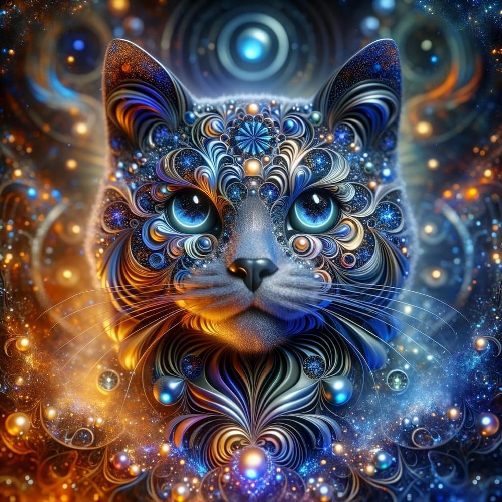 An illuminated fractal iridescent cat character  incorporated into a shiny reflective surface, with an abstract design in the background,  cerulean blue, orange, charcoal, highly detailed, ultrarealistic, film grain, professional, HD DALL-E 