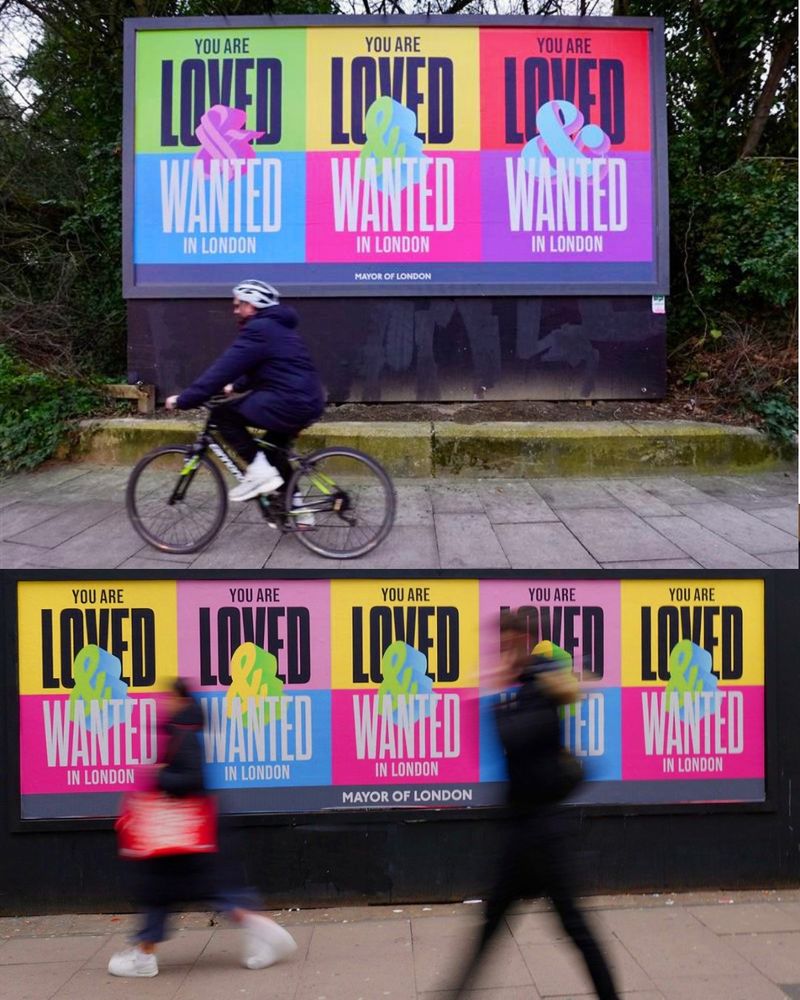Two frames of Loved & Wanted posters with people cycling and walking past