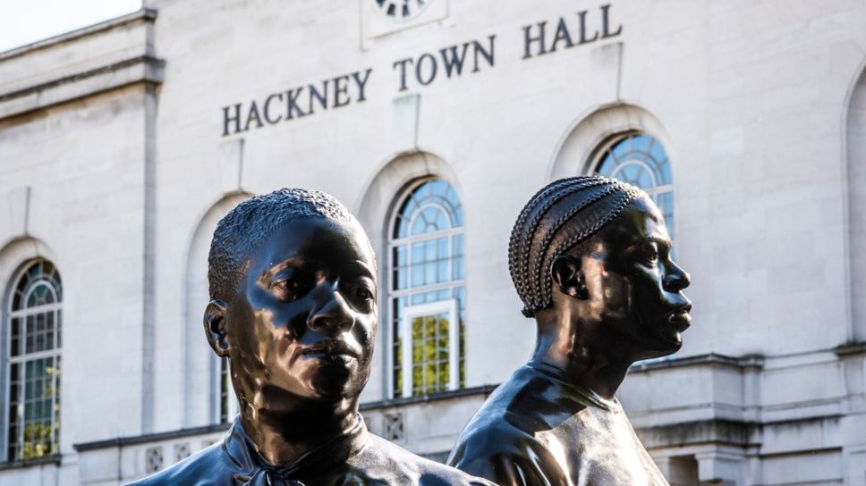 Windrush scultures outside Hackney Town Hall