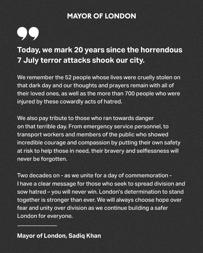 Statement from the Mayor of London marking the 20th anniversary of the 7 July London bombings.