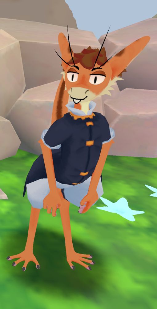 A yinglet, (ratish birdish like creature). They are orange with cream and brown markings, and brown hair. They are wearing a ruffled navy blue outfit with gold buttons. 