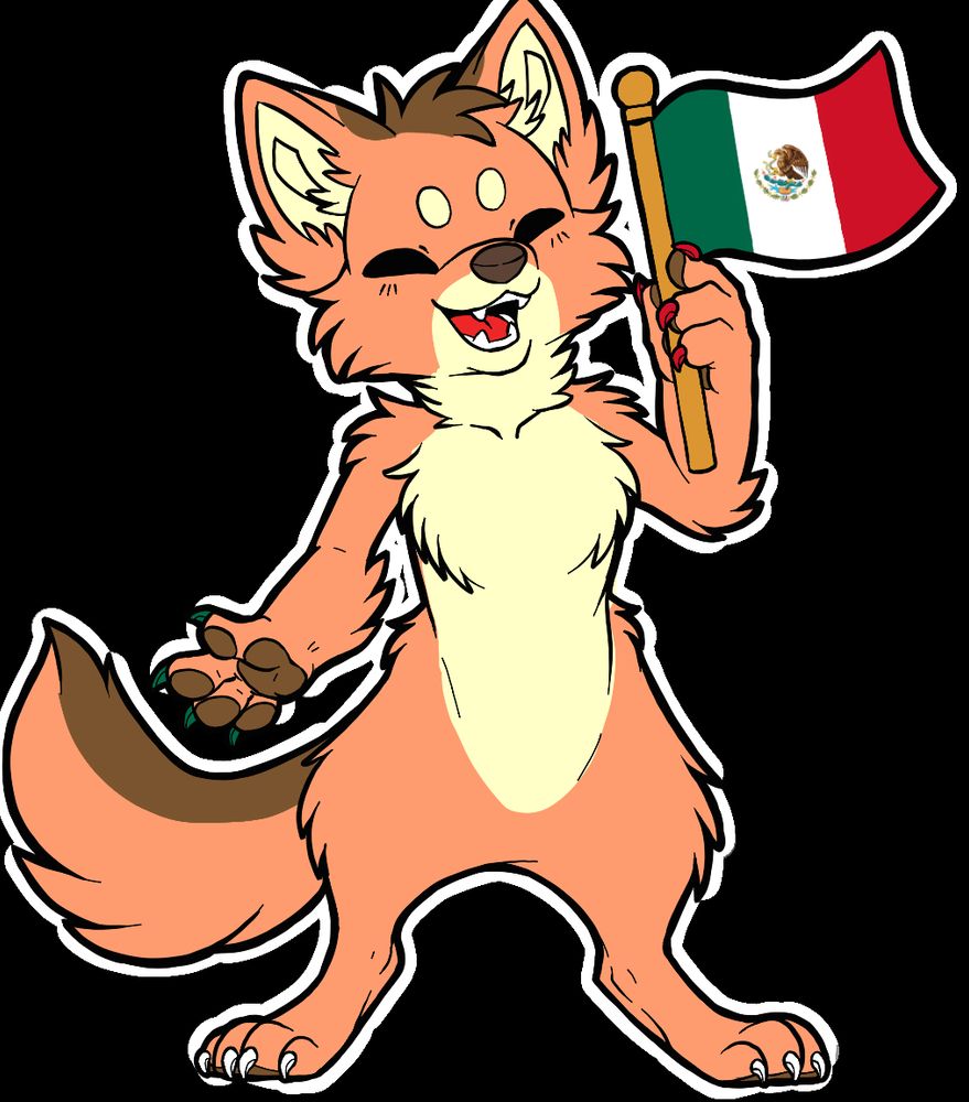An orange anthro Coyote with brown and cream markings smiles as they hold a Mexican flag. 