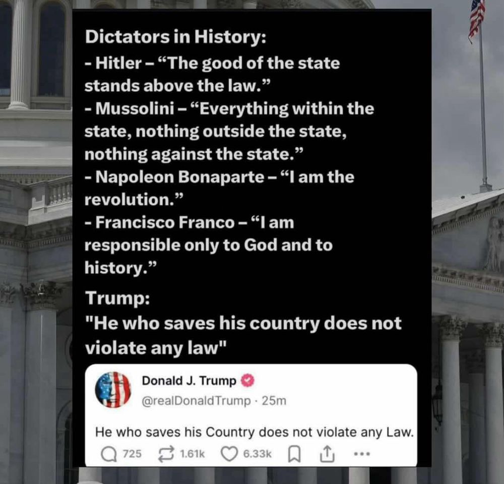 Dictators in History:
- Hitler - "The good of the state stands above the law."
- Mussolini - "Everything within the state, nothing outside the state, nothing against the state."
- Napoleon Bonaparte - "I am the revolution."
- Francisco Franco - "I am responsible only to God and to history."
Trump:
"He who saves his country does not violate any law"
