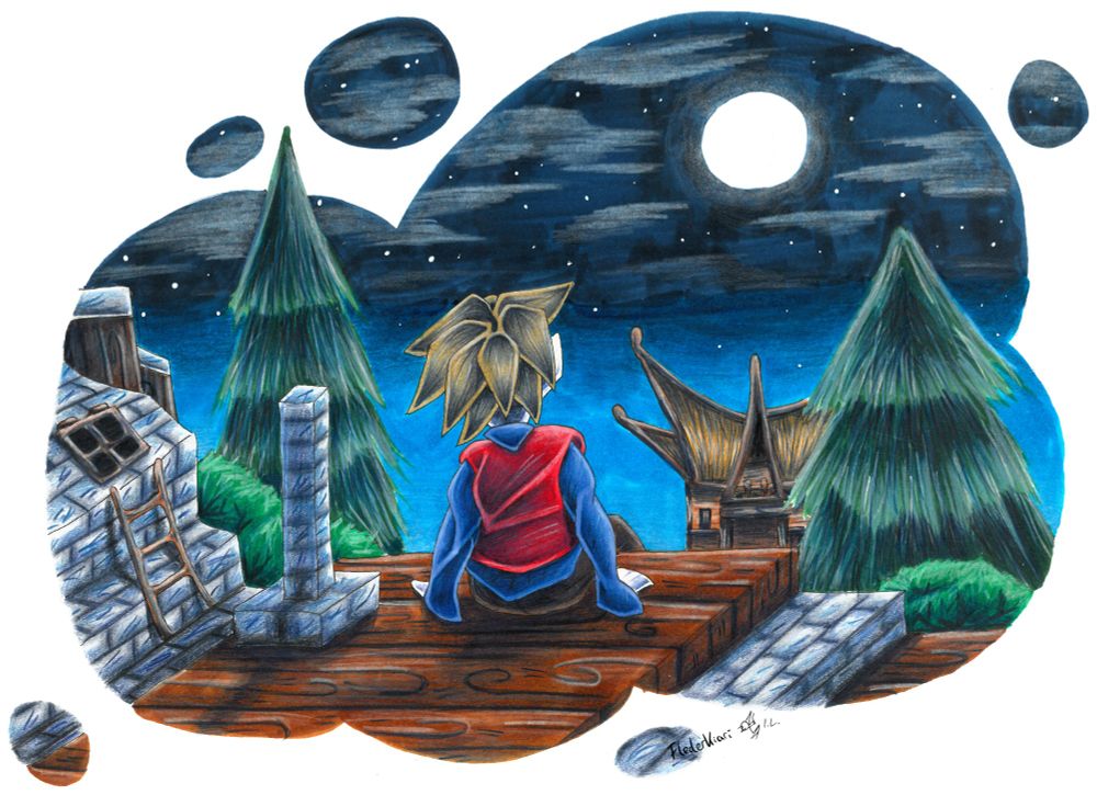 Zeichnung von Herr Bergmann, der nachts auf seinem Hausdach sitzt, aus dem YouTube Minecraft Projekt Minecraft Leben