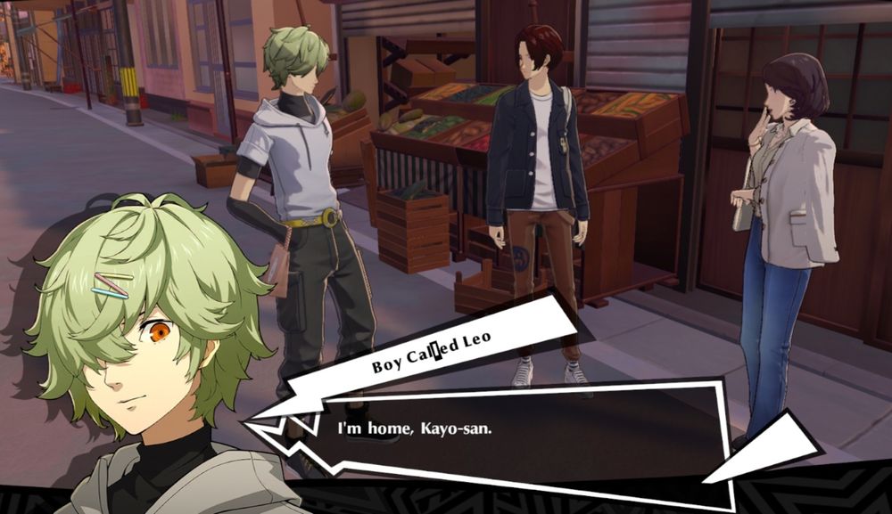 P5X screenshot of Leo Kamiyama, the protagonist, and Kayo Tomiyama standing outdoors.

Text Label: "Boy Called Leo"
Dialogue Box: "I'm home, Kayo-san."