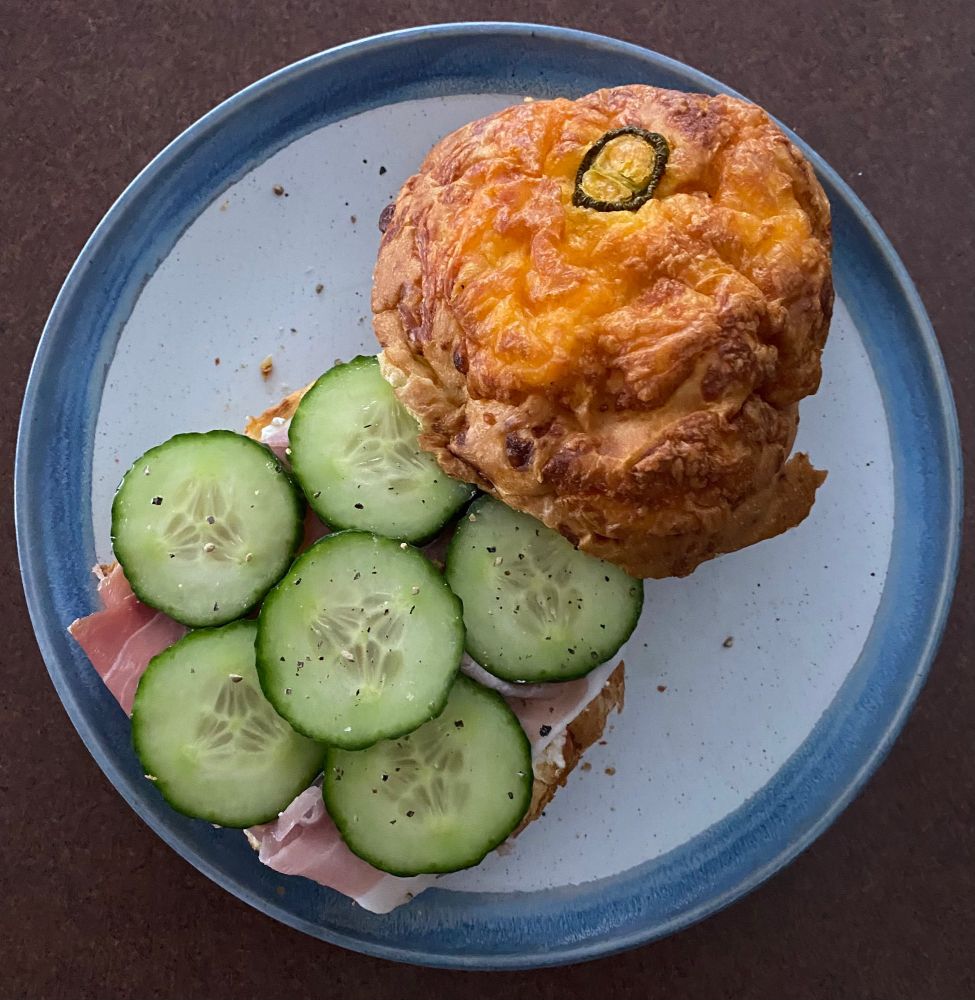 Jalapeño cheese bun, cream cheese, prosciutto, cucumbers and a little pepper!