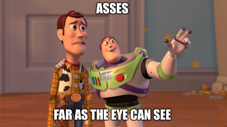 Woody and Buzz Lightyear from toy story with Buzz looking into the distance arm outstretched, smiling and Woody looking confused; text reads “asses far as the eye can see”