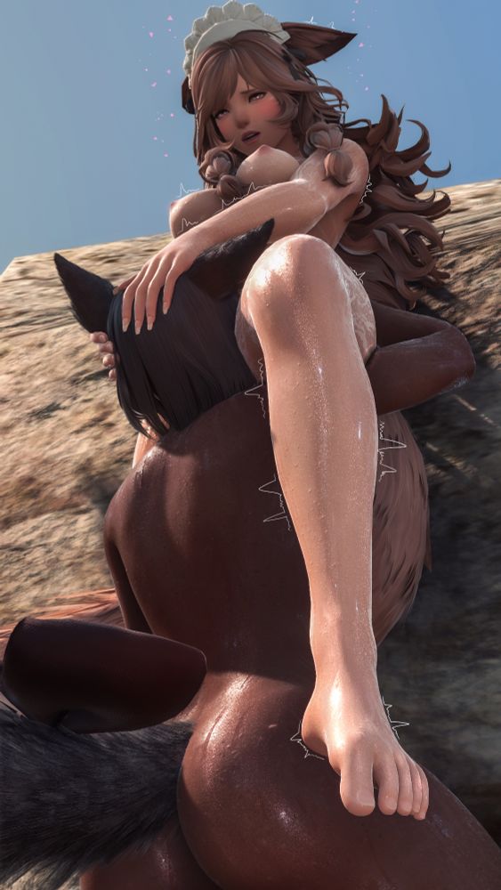 Rielle and Abi, both naked leaning against the rock. Rielle is on her knees, eating out her partner, as she pulls her head into her. Abi's body is shaking, eyes unfocused, enjoying her treatment~