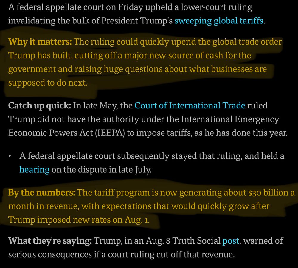 Portion of Axios article on the court ruling against Trump’s tariffs claiming it’s a “major new source of revenue “