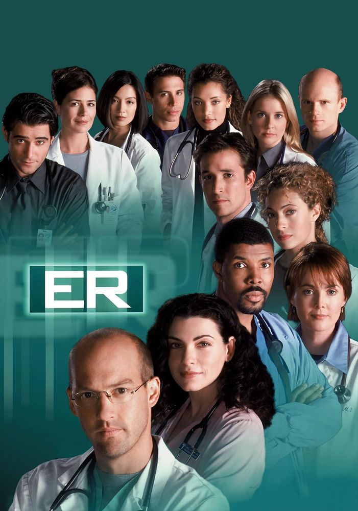 The series poster for ER with (from to back) Anthony Edwards as Mark Greene, Julianna Marguiles as Carol Hathaway, Eriq La Salle as Peter Benton, Laura Innes as Kerry Weaver, Alex Kingston as Elizabeth Corday, Noah Wyle as John Carter, Kellie Martin as Lucy Knight, Paul McCrane as Robert Romano, Michael Michele as Cleo Finch, Erik Palladino as Dave Malucci, Ming-Na Wen as Jing-Mei Chen, Maura Tierney as Abby Lockhart and Goran Visnjic as Luka Kovac.

The characters arc in a oval from the bottom of the poster to the top side around an almost neon sign that says, "ER". The background of the poster is a hospital shade of green.