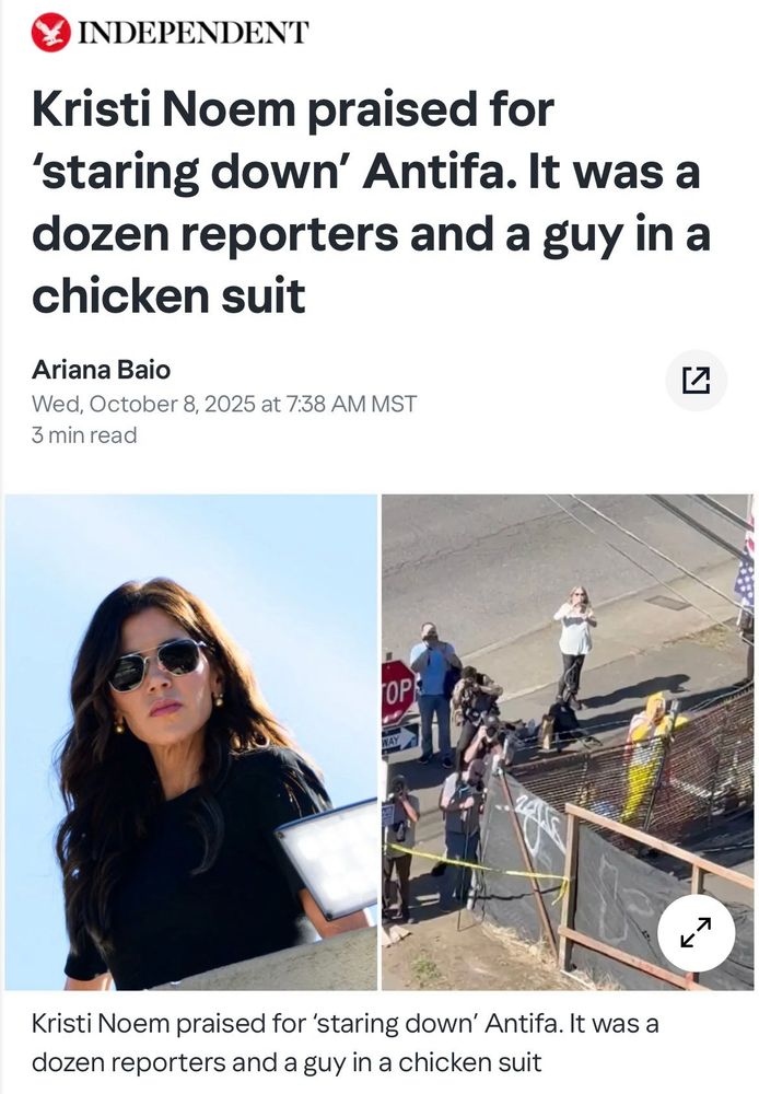 Newspaper shot with headline "Kristi Noem praised for 'staring down' Antifa. It was a dozen reporters and a guy in a chicken suit." With pictures.