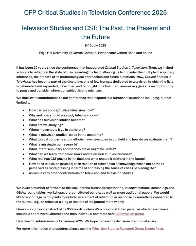 Call for Papers: Critical Studies in Television conference 2025 (link in post)