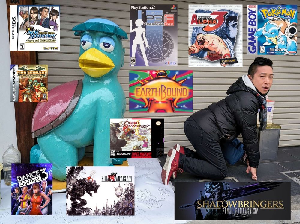 Photo of me bent over with a kappa statue
Ace Attorney 3
Fire Emblem Sacred Stones
Dance Central 3
Persona 3 FES
EarthBound
Chrono Trigger
Final Fantasy 6 (3)
Street Fighter Alpha 3
Pokemon Blue
Final Fantasy FFXIV Shadowbringers