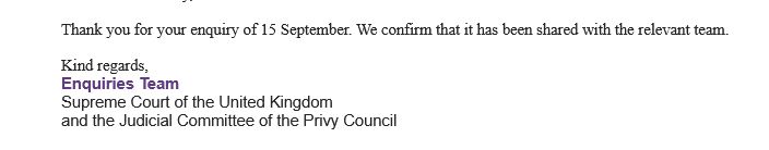 text showing confirmation of enquiry received by the suprem court 