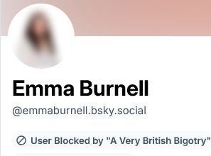Image showing emma burrell is blocked by the 'very british bigotry' block list