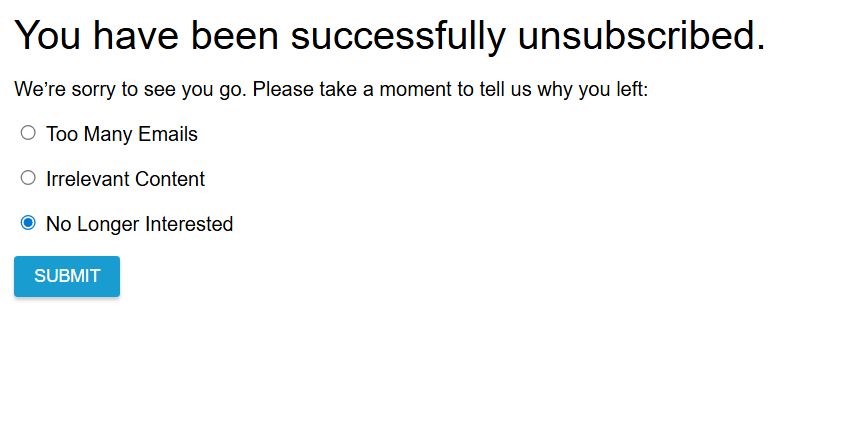 Text from unsubscribing from your party email list showing the only options you can tick are too many emails/irrelevant contnnt/no longer interested 
