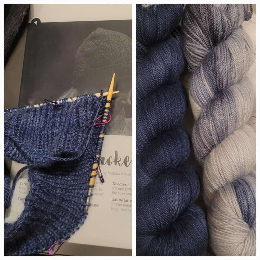 Collage of two pictures. On the left is a 2 inch strip of 1:1 ribbing being knit in the round on bamboo circular needles. On the right, a close up of 2 fingering yarn skeins from Miss Babs. One is "Denim" (solid dark blue), and the other is "Selvedge" (verigated  with shades of denim blues and white). 