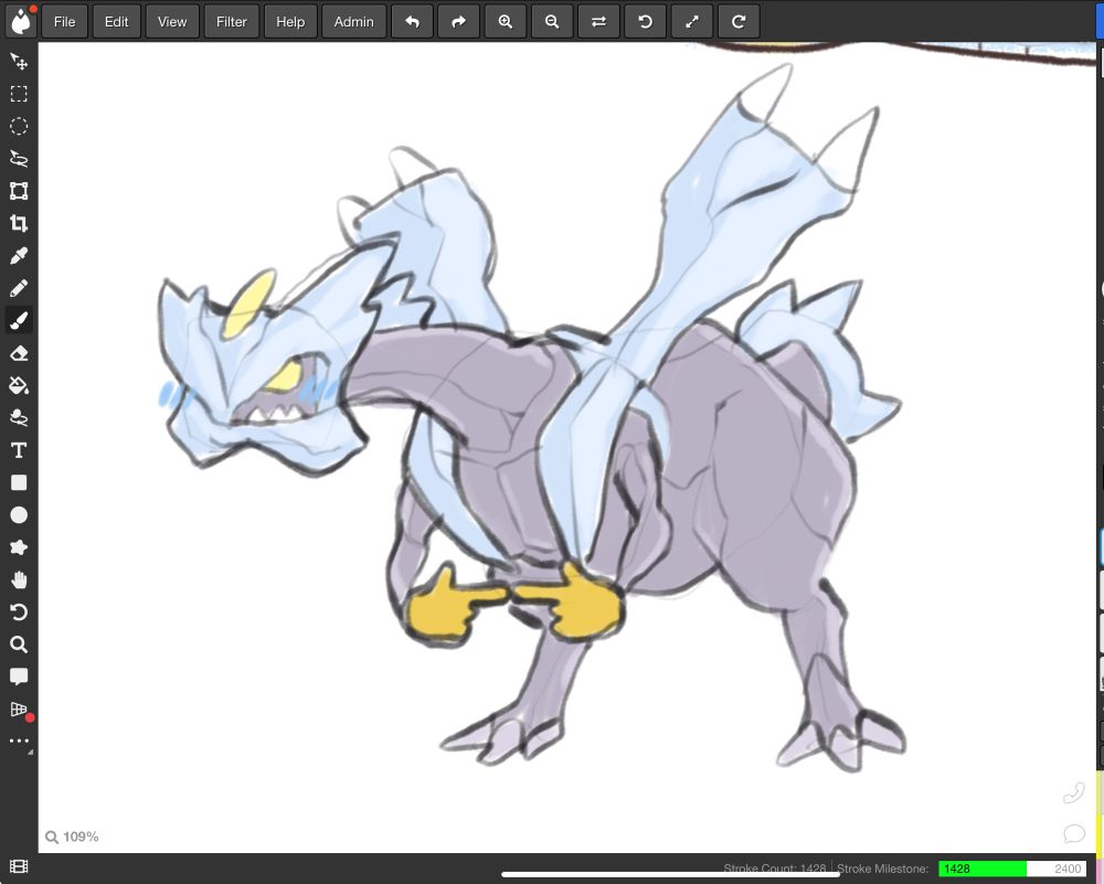 Kyurem from Pokemon Black 2 / White 2 sketched in a cute shy pose blushing in icy blue color