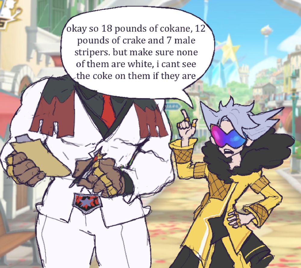 Prince Lear in his flashy sygna suit and his retainer Sawyer from a game called Pokemon Masters EX mimicking a popular meme of princess Celestia from My Little Pony requesting dubious rich privilege list of things.
Sawyer’s face is comically covered by the speech bubble.