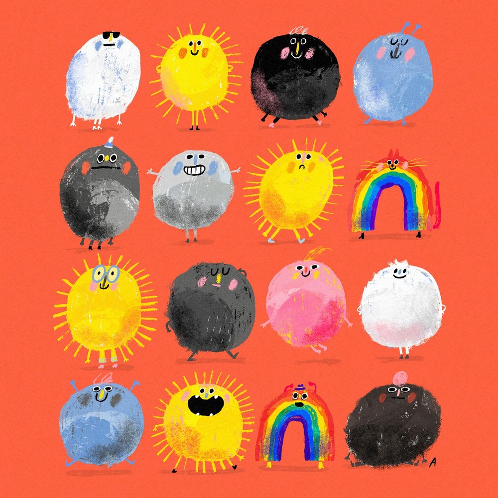 Illustration of 16 different colourful suns, clouds and rainbows with different emotions. 