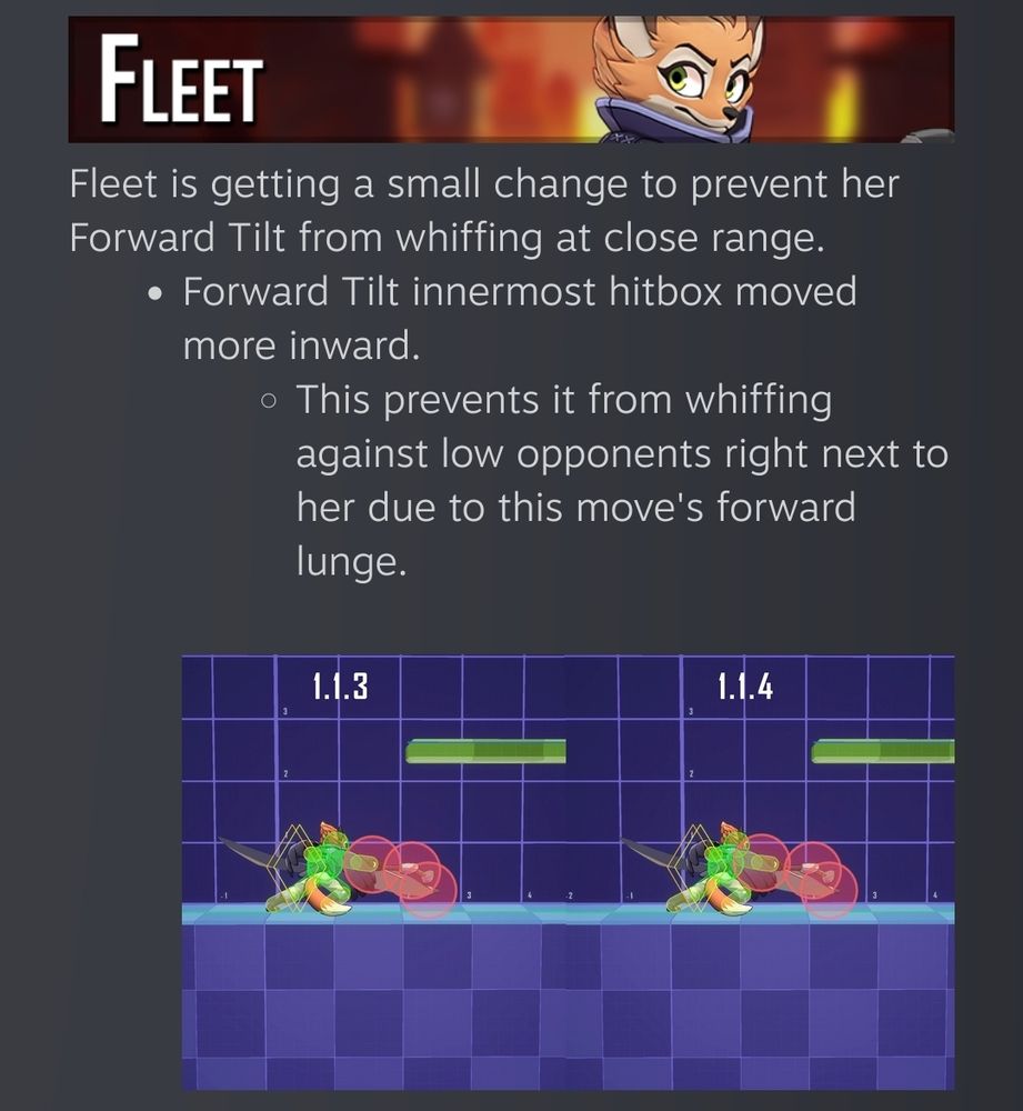 RoA2 patch note 1.1.4 screenshot showing the Fleet's section with the only change being a hitbox slightly moved on her Ftilt.