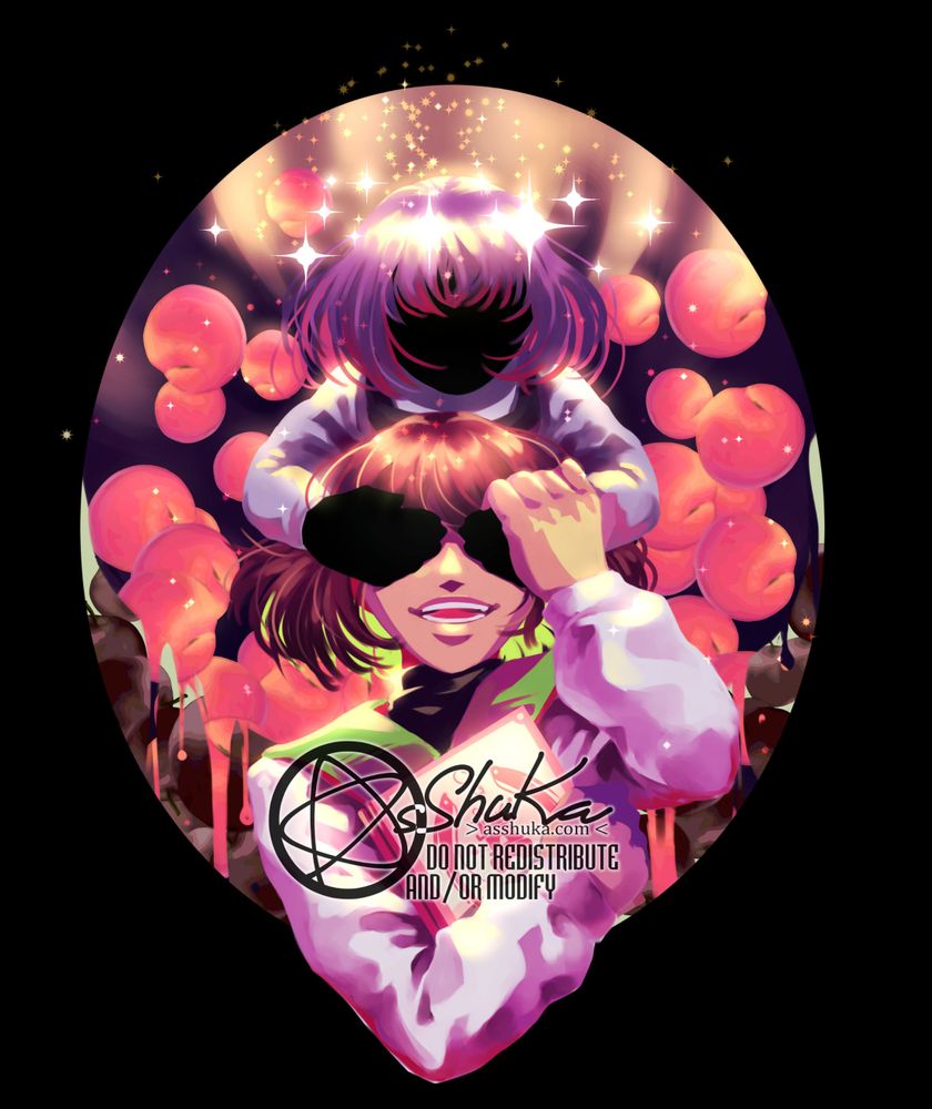 a girl holds onto a book. a much younger girl with face blacked out behind her covers the first girl's eyes. the first girl seems to be encouraging it