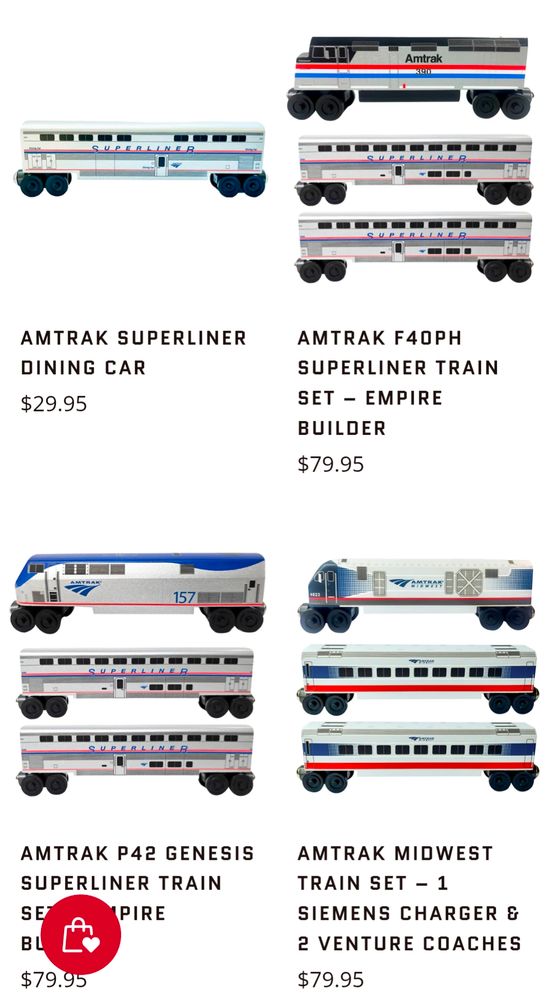 The new whittle shortline Amtrak wooden railway models, including three single sale superliner coaches, and three train packs with F40PH, P42DC, and SC44 diesel locomotives
