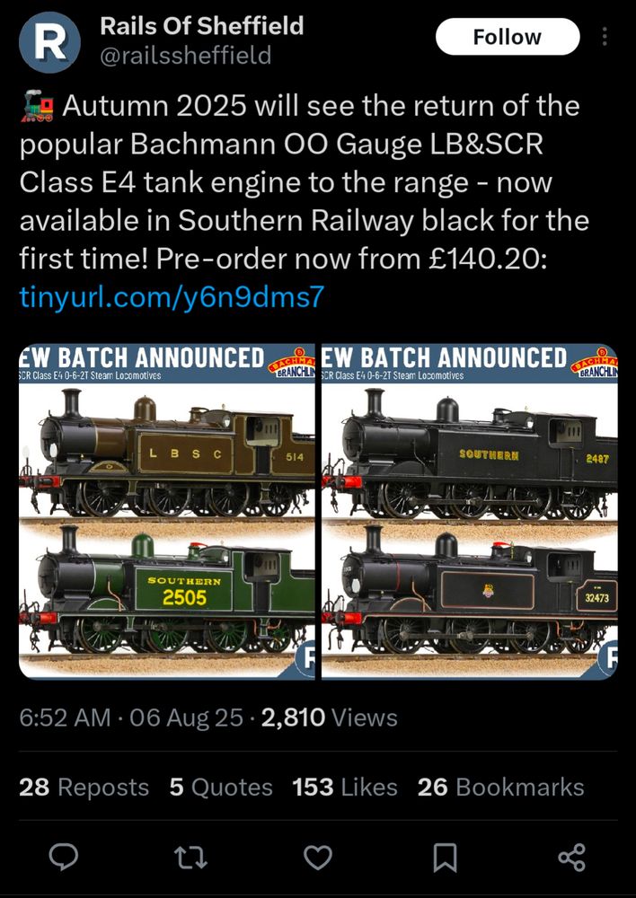 Rails Of Sheffield's Twitter post, announcing Bachmann's new LBSCR E4 class 0-6-2T models