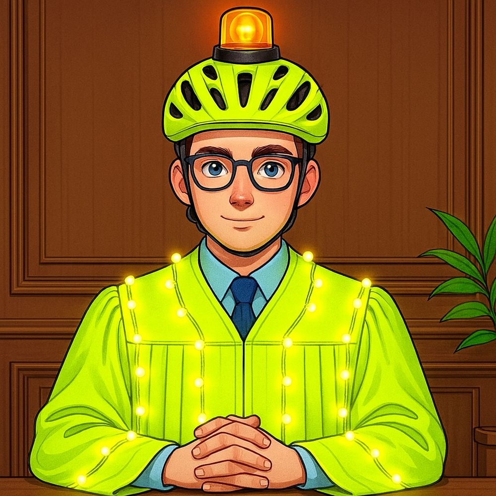 Ein KI-generiertes Bild im Comicstil: Ein Richter sitzt mit neongelber Robe mit LEDs und neongelbem Fahrradhelm mit Rundumleuchte an einem Tisch 