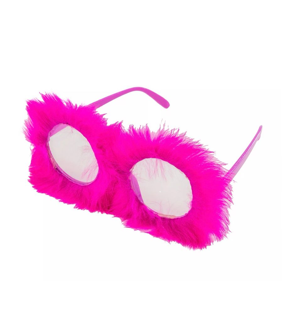 Ein Foto von einer pinken Brille mit Plüsch am Rahmen 