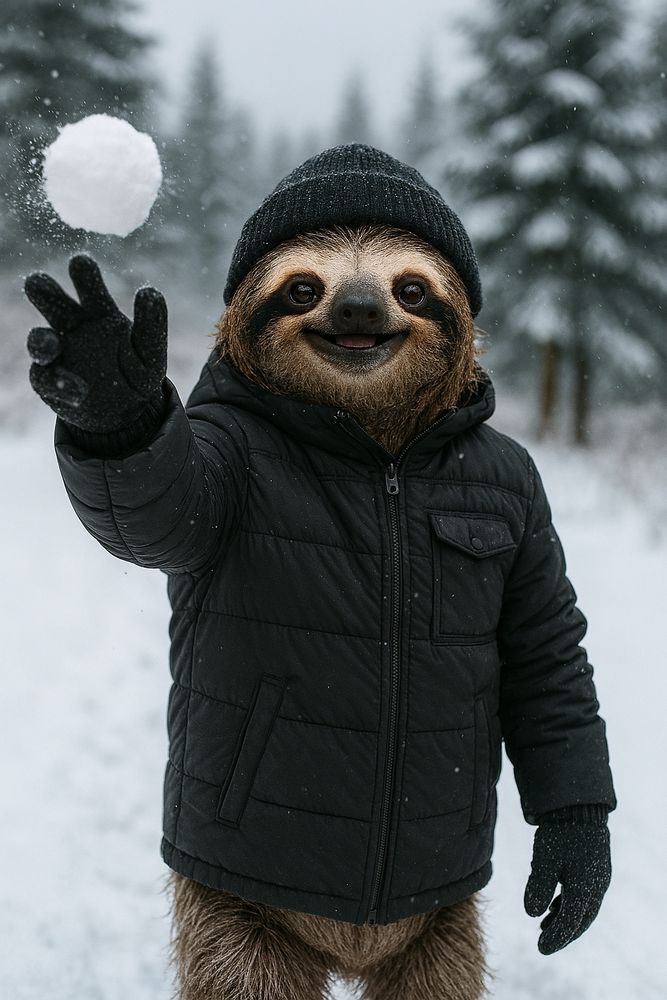 Ein KI-generiertes Bild von einem Faultier, welches mit Jacke, Mütze und Handschuhen in einer Winterlandschaft steht und einen Schneeball wirft. 