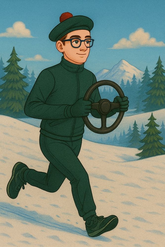 Ein KI-generiertes Bild im Comicstil. Eine männliche Person läuft in Sportkleidung durch eine Winterlandschaft und hält dabei mit beiden Händen ein Lenkrad.